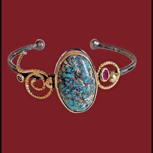 Artisan Made 925 Sterling Silver Two Tone Turquoise Topaz Ruby Open Cuff 7.25"